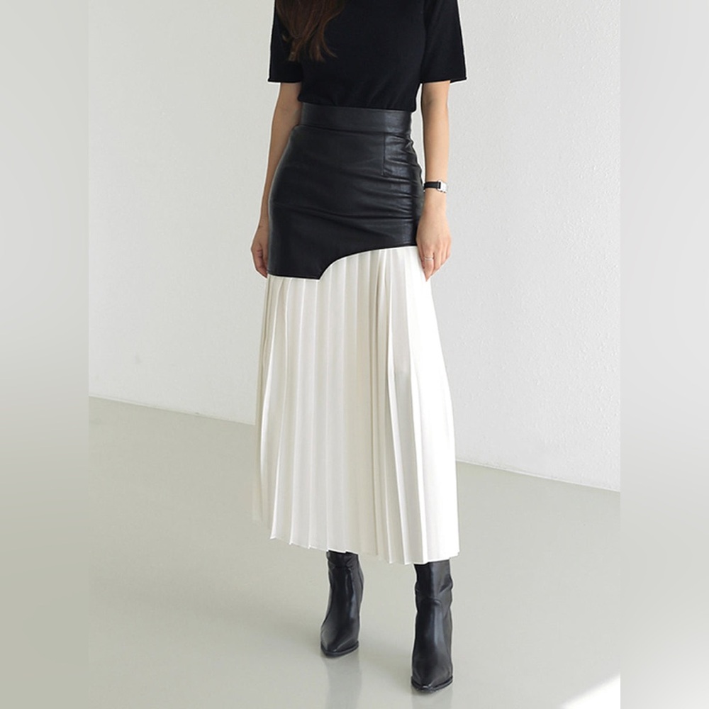 Commense Asymmetric Patchwork Faux Leather Chiffon Pleated Maxi Skirt